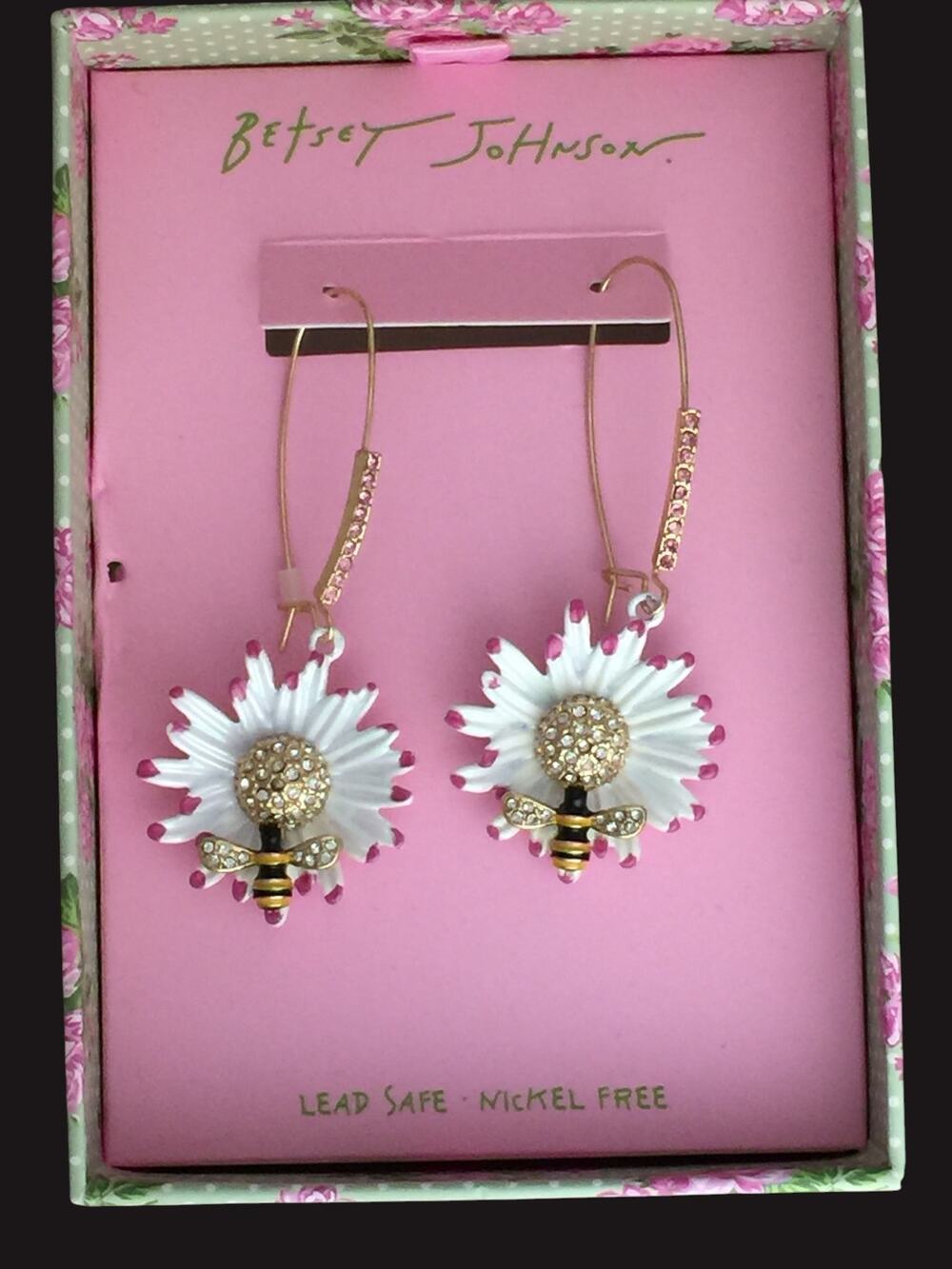 Betsey Johnson Flower Bee Drop Earrings Crystal Accents Gold Tone NWT
